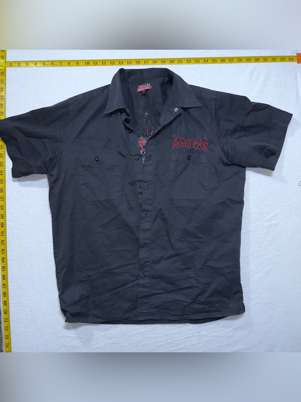 Route 66 Black Short-Sleeve Button-Down Shirt with Red Embroidery